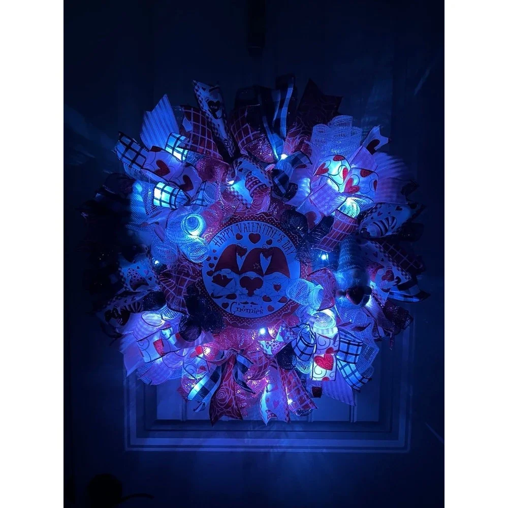 Handmade Valentine’s Gnome Hearts Ribbon Prelit Wreath 22 ins LED W12